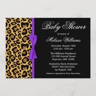 Leopard Pattern Purple Printed Ribbon Baby Shower Invitation