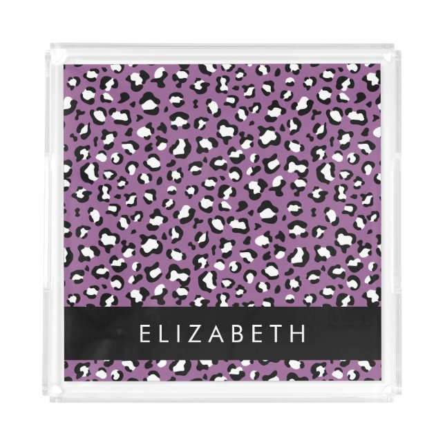Leopard Pattern, Spots, Purple Leopard, Your Name Acrylic Tray (Front)