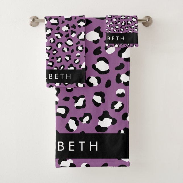 Leopard Pattern, Spots, Purple Leopard, Your Name Bath Towel Set (Insitu)