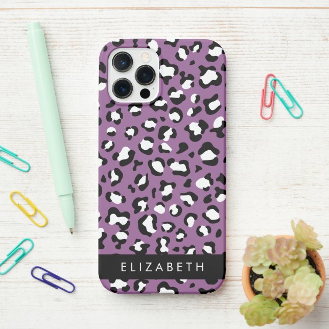 Leopard Pattern, Spots, Purple Leopard, Your Name iPhone Case (On Desk)