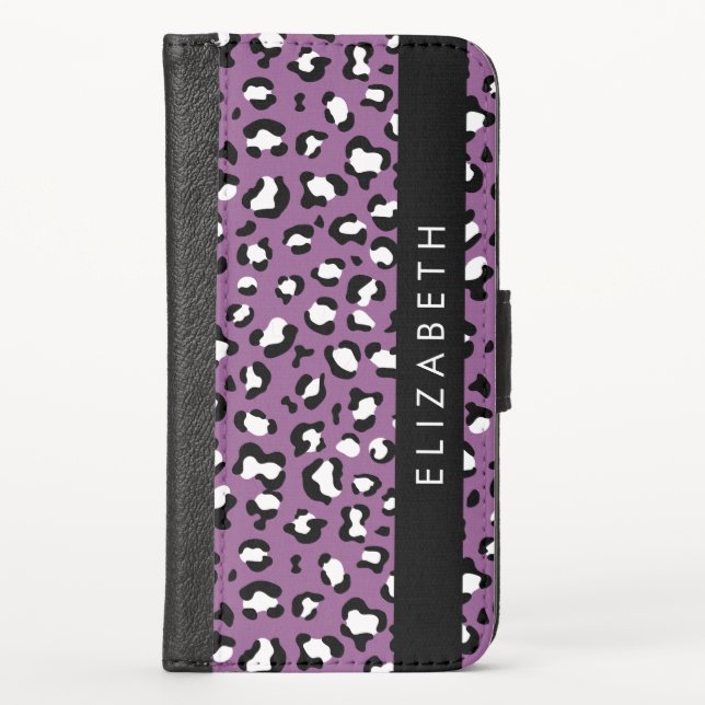 Leopard Pattern, Spots, Purple Leopard, Your Name iPhone Wallet Case (Front)