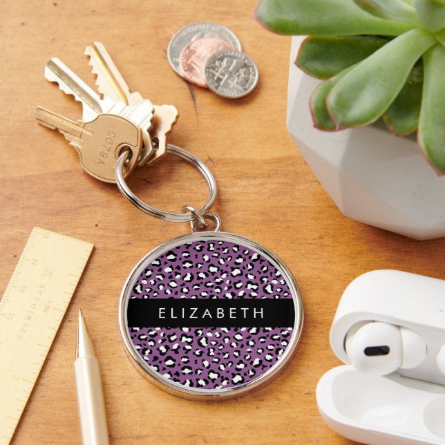 Leopard Pattern, Spots, Purple Leopard, Your Name Keychain (Desk)