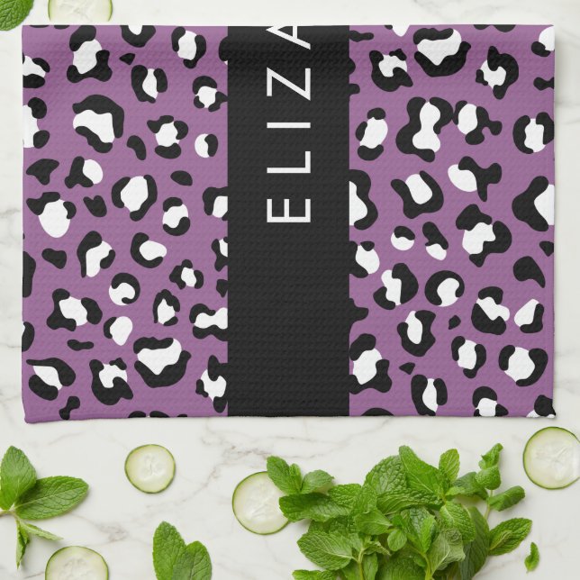 Leopard Pattern, Spots, Purple Leopard, Your Name Kitchen Towel (Folded)