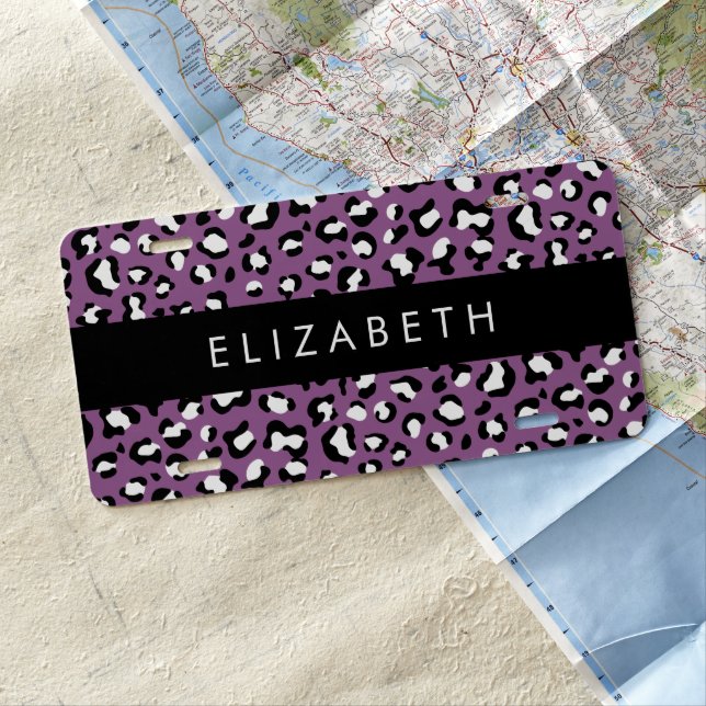 Leopard Pattern, Spots, Purple Leopard, Your Name License Plate (In Situ)