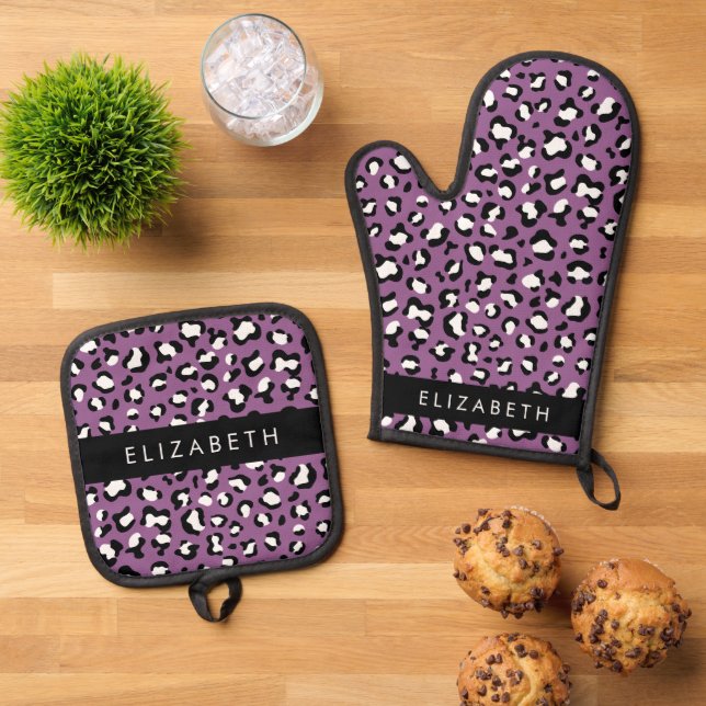 Leopard Pattern, Spots, Purple Leopard, Your Name Oven Mitt & Pot Holder Set (Top Down)