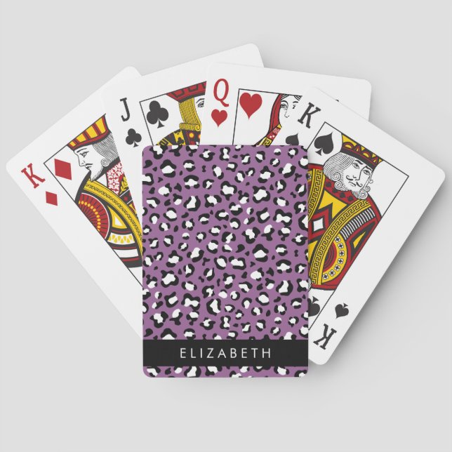 Leopard Pattern, Spots, Purple Leopard, Your Name Poker Cards (Back)