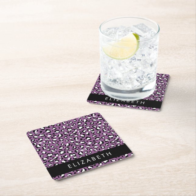 Leopard Pattern, Spots, Purple Leopard, Your Name Square Paper Coaster (Insitu)