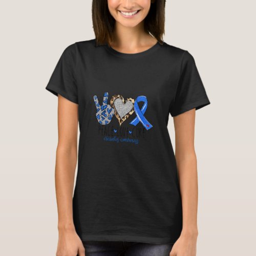 Leopard Peace Love Cure Blue Ribbon Diabetes Aware T_Shirt