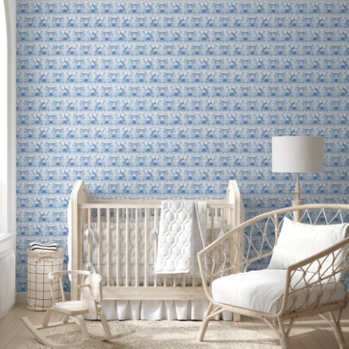 Leopard Peacock Blue and White Chinoiserie Floral Wallpaper