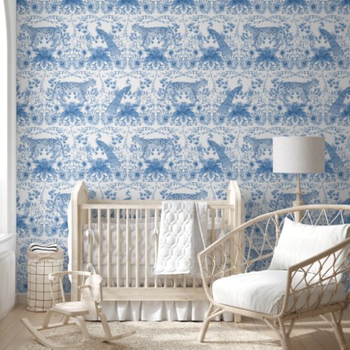 Leopard Peacock Blue and White Chinoiserie Floral Wallpaper