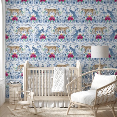 Leopard Peacock Chinoiserie Floral Blue and White  Wallpaper
