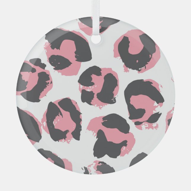 Leopard Pelt: Black Pink Texture Glass Ornament (Front)