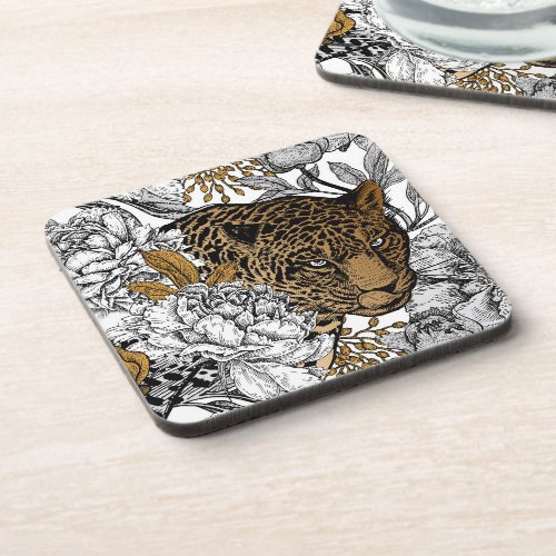Leopard  Peonies Pattern Beverage Coaster