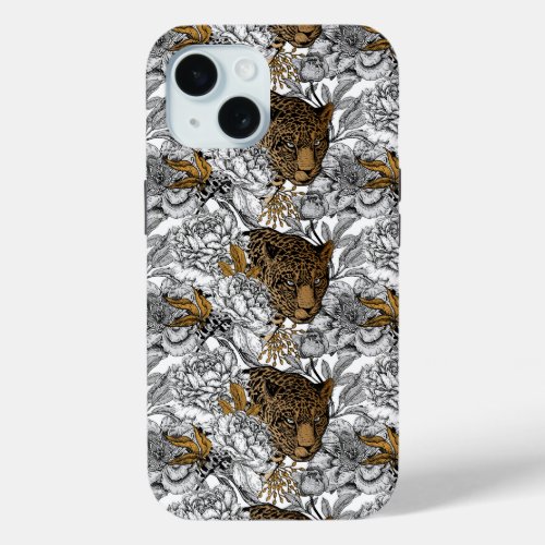 Leopard  Peonies Pattern iPhone 15 Case