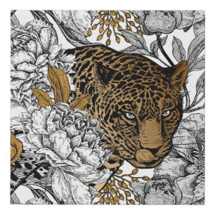 Leopard & Peonies Pattern Faux Canvas Print