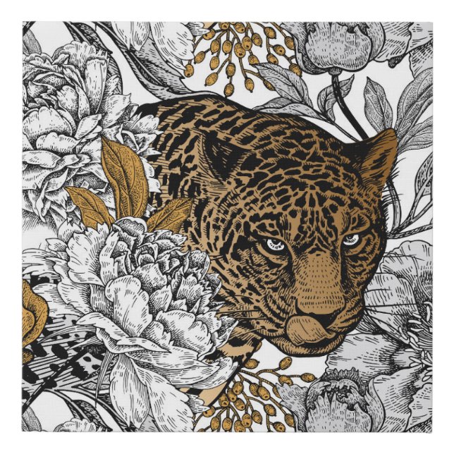 Leopard & Peonies Pattern Faux Canvas Print (Front)