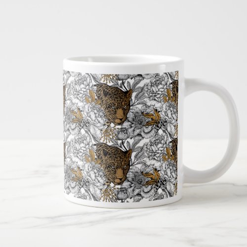 Leopard  Peonies Pattern Giant Coffee Mug