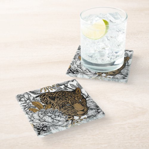 Leopard  Peonies Pattern Glass Coaster