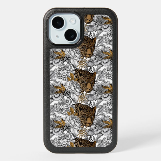 Leopard & Peonies Pattern iPhone 15 Case (Back)