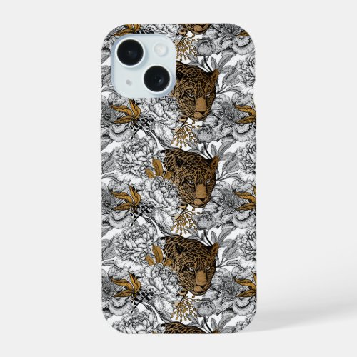 Leopard  Peonies Pattern iPhone 15 Case