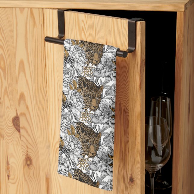 Leopard & Peonies Pattern Kitchen Towel (Thirds Fold)