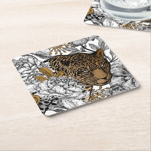 Leopard  Peonies Pattern Square Paper Coaster