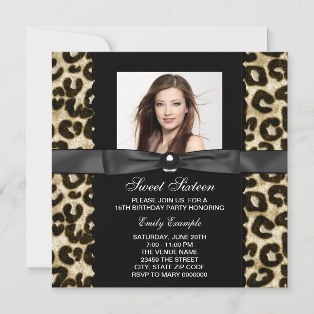 Leopard Photo Sweet 16 Birthday Party Invitation (Front)