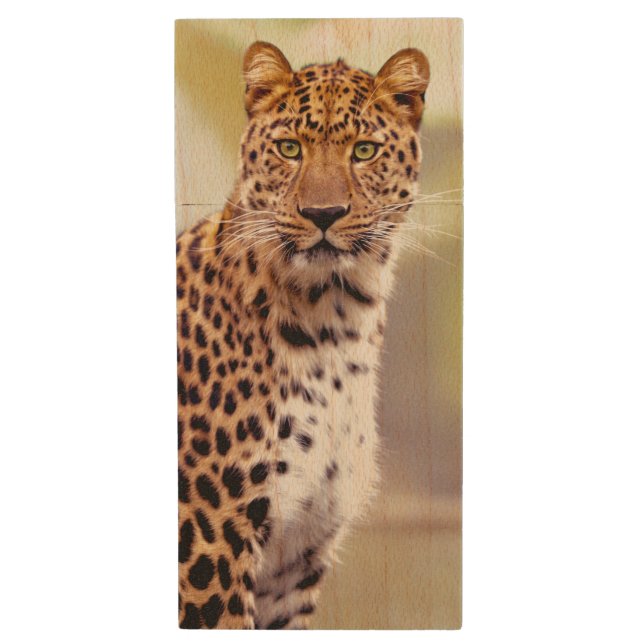 Leopard Photograph Image Wood USB Flash Drive (Front Vertical)
