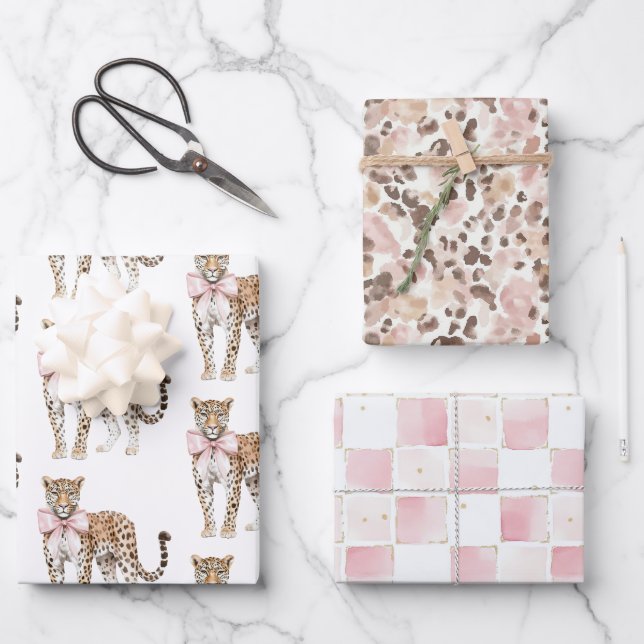 Leopard Pink Bow Birthday Wrapping Paper Sheets (Front)