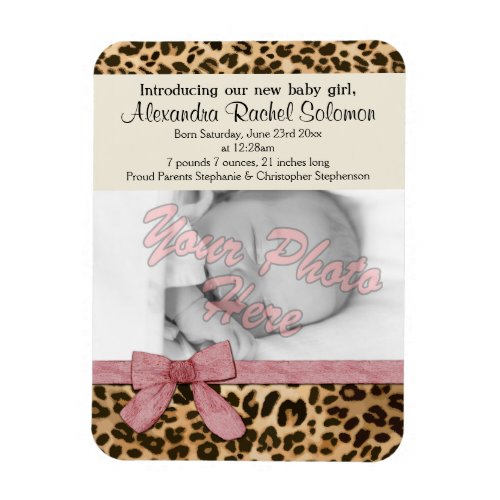 Leopard Pink Bow Girl Baby Birth Announcement Magnet