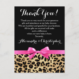 Leopard Pink Bow Girl Safari Baby Shower Thank You Postcard