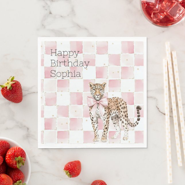 Leopard Pink Bow Squares Birthday Napkins (Insitu)