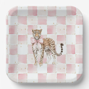 Leopard Pink Bow Squares Birthday Paper Plates