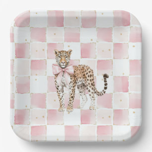 Leopard Pink Bow Squares Birthday Paper Plates