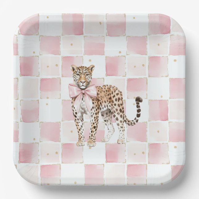 Leopard Pink Bow Squares Birthday Paper Plates (Front)