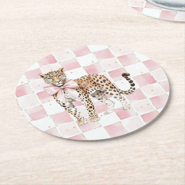 Leopard Pink Bow Squares Birthday Round Paper Coaster (Angled)