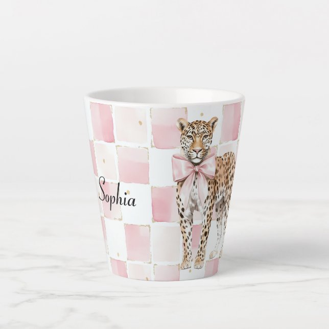 Leopard Pink Bow Squares Latte Mug (Front)