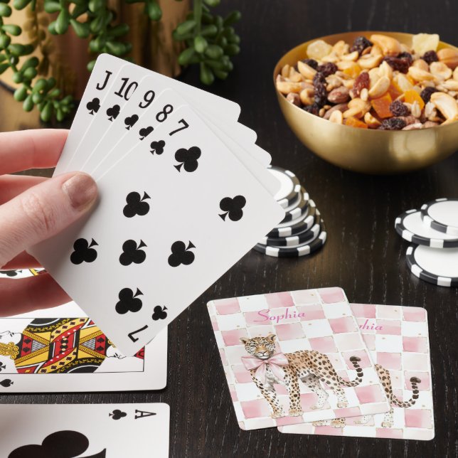 Leopard Pink Bow Squares Poker Cards (In Situ)
