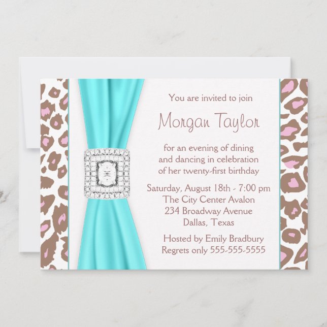 Leopard Pink Brown Teal 21st Birthday Party Invitation (Front)