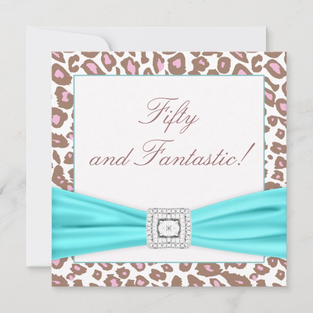Leopard Pink Brown Teal Womans 50th Birthday Party Invitation (Front)