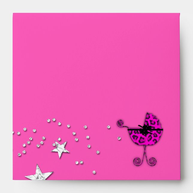 Leopard Pink Pram Stars Baby Shower Envelope (Front)