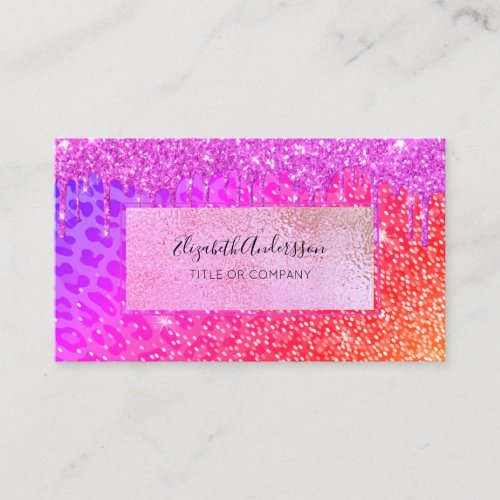 Leopard pink purple glitter drips golden business card