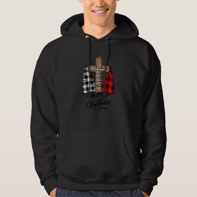 Leopard Plaid Christian Cross Merry Christmas Paja Hoodie (Front)
