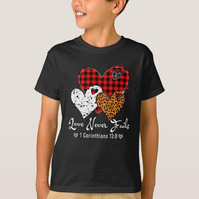 Leopard Plaid Print Heart Valentine Love Never T-Shirt (Front)