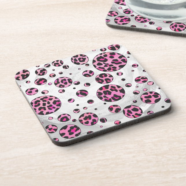 Leopard Polka Dot Black and Hot Pink Print Beverage Coaster (Left Side)