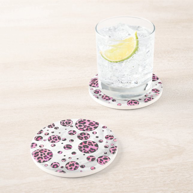 Leopard Polka Dot Black and Hot Pink Print Drink Coaster (Side)