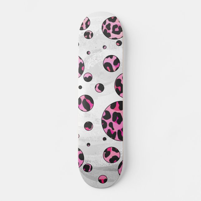 Leopard Polka Dot Black and Hot Pink Print Skateboard Deck (Front)