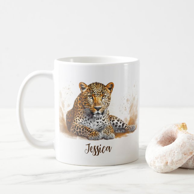 Leopard Portrait Safari Animal Personalized Name  Coffee Mug (With Donut)