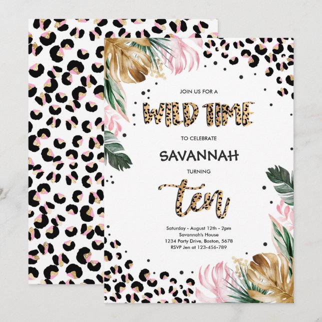 Leopard Print 10th Birthday Safari Jungle Party Invitation (Front/Back)