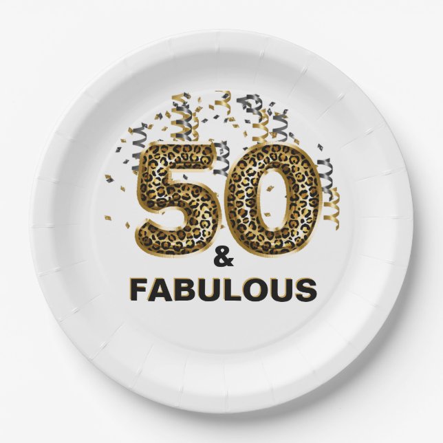 Leopard Print 50 and Fabulous Foil Balloon Paper Plates (Front)